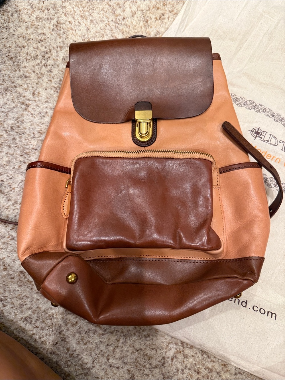 Two-Tone Brown & Peach Leather Backpack - Classic Women's Backpack